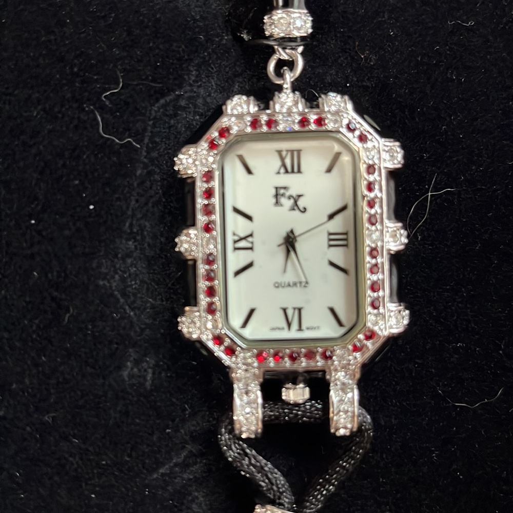 New Boxed Crystals, red ruby stones, Pendant Watch, Silver, thick, FX Necklace